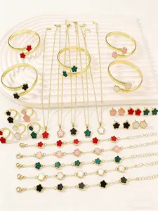 6-Piece Alloy Four-Leaf Clover Tie Dye Pattern Jewelry Set For Women-Bracelet Necklace Earrings Earrings Lucky Flower Pendant, Elegant French Jewelry For Women