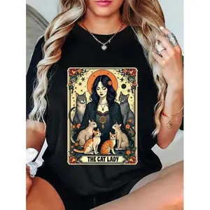 Same for men and women, Catwoman Tarot T-shirt, witch gothic style, mother cat casual top