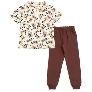 Disney Mickey Mouse Toddler Boys Polo Shirt and Fleece Jogger Pants Outfit Set Oatmeal Heather / Brown 4T