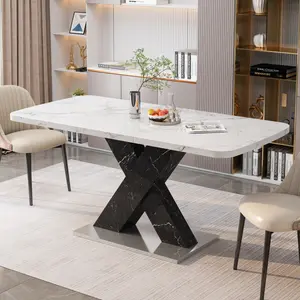 Modern Square Dining Table, Stretchable, Printed White Marble Table Top+MDF Black X-Shape Table Leg with Metal Base