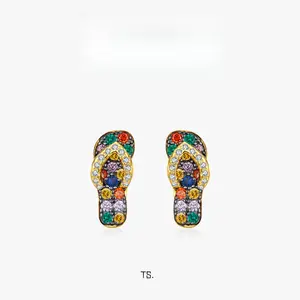 Chunky Gold Earrings for Women S925 Sterling Silver Colorful Rhinestone Flip Flop Stud Earrings Unique Mismatched Design Fashion Dainty Jewelry Gift