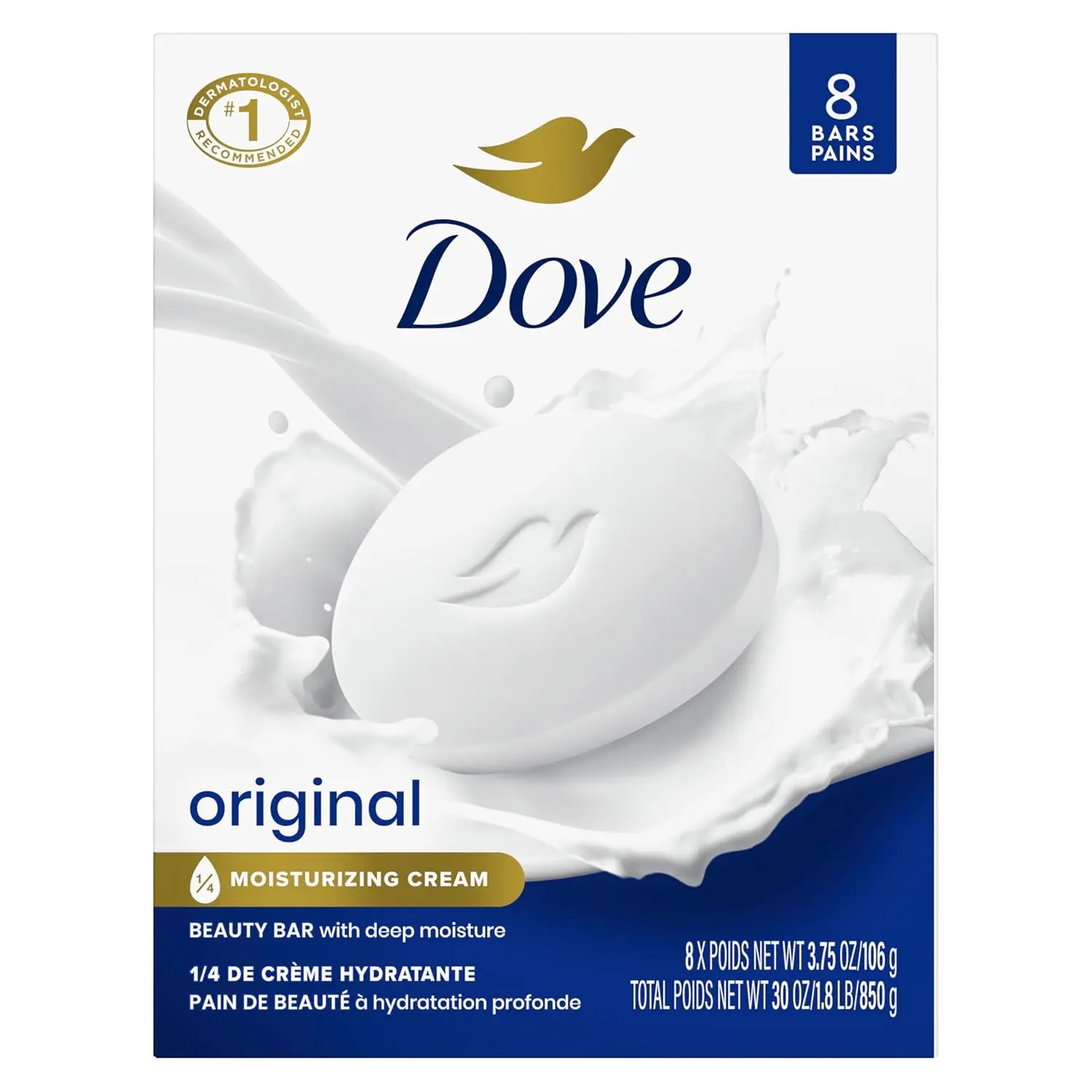 Dove Beauty Bar Soap Original 8 Count for Soft, Smooth Skin, with 1/4 Moisturizing Cream 3.75 oz | Moisturizing beauty bar with ¼ moisturizing cream for soft, smooth skin on face, body and hands