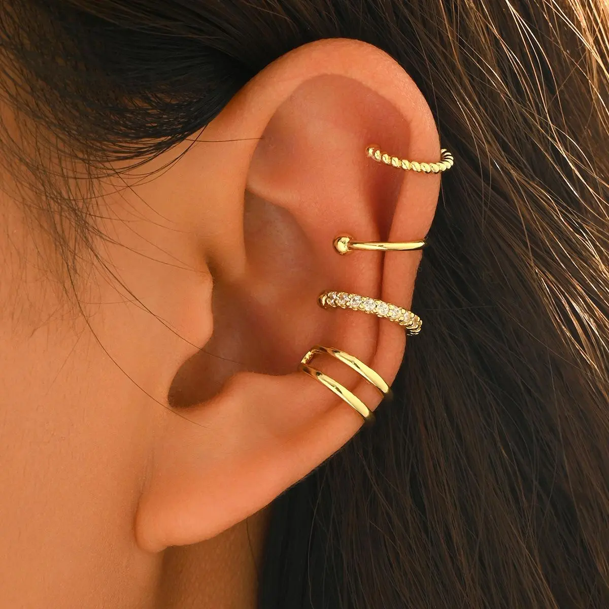 Gold Plated Ear Cuff Set for Women, 4-Piece Minimalist Zircon Cartilage Cuffs, No Piercing Stackable Dainty Ear Jewelry, Female, Metal Coating, 4Pcs, Cartilage Ear Cuffs accessories