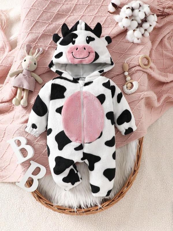 Persoplay Kids Baby Girls Cow Design Hooded Fuzzy Costume Jumpsuit - Soft and Fuzzy Material, Ideal for Outdoor Activities