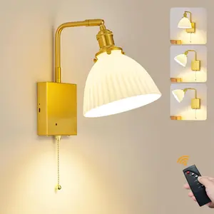 Vintage Battery Operated Wall Sconce with Ceramic Lampshade Rechargeable Battery Powered Wireless Wall Light with Remote C lamp ontrol for Bedroom Bedside Doorway - Gold styling