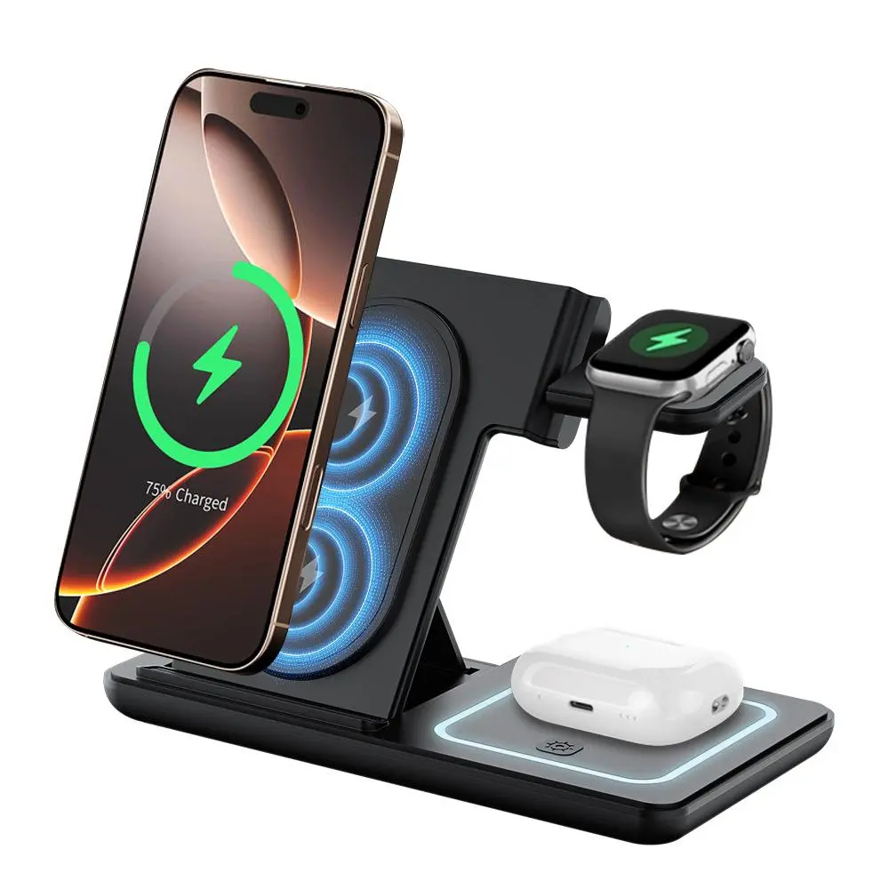 3-in-1 wireless charger and portable foldable charging stand; suitable for iPhone, Apple Watch, and AirPods 3/2/Pro; compatible with Android phones and smartwatches.
