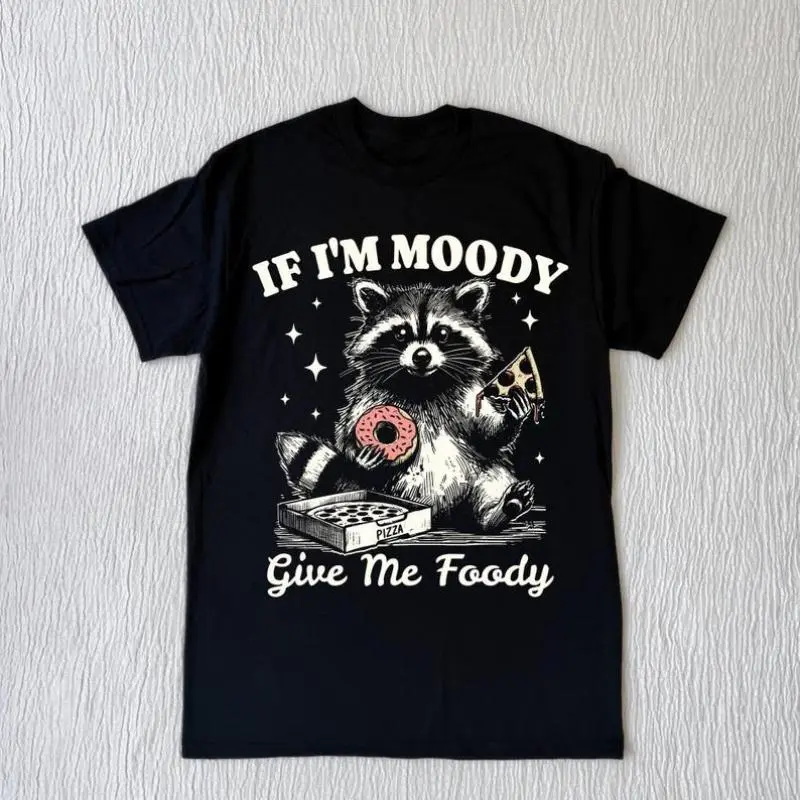 Men's Soft Cotton Short-Sleeve T-Shirt - Fitted Seamless Round Neck, Washed Distressed Fabric, Retro Raccoon Meme Graphic Print, Moody Foody Theme, Teen Gift, Smooth Menswear Top
