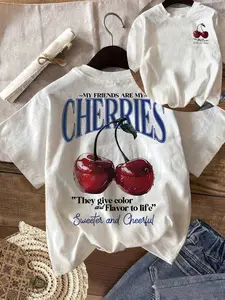 "My Friends Are My Cherries" Print Comfort T-Shirt | Y2K Aesthetic Vintage Sweet Cherry Graphic Tee, Womenswear Soft Casual Summer Everyday Top, Trendy Streetwear & Vacation Outfit, Cheerful Retro Fruit Pattern, Comfy Daily Wear Short Sleeve Tee for Women