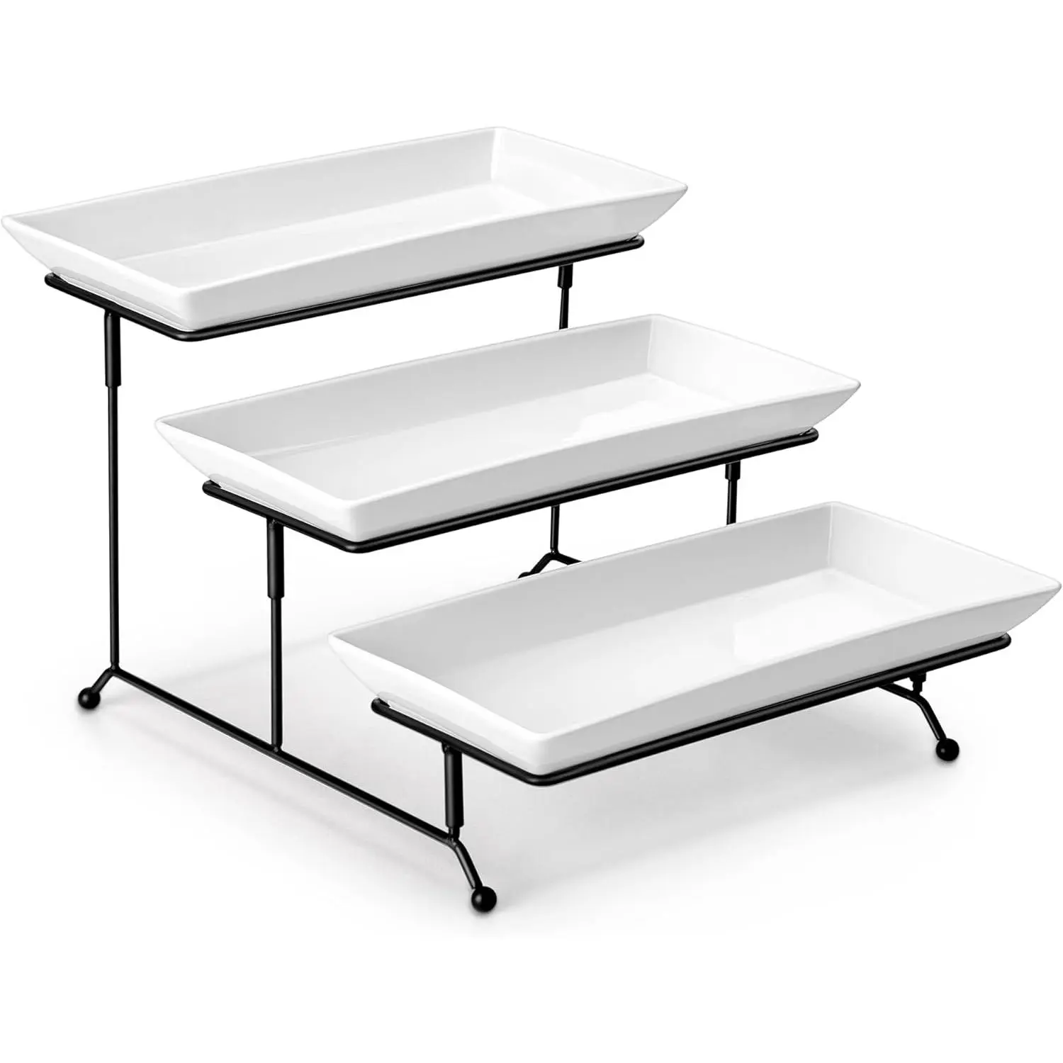 3 Tier Serving Trays for Party, Porcelain Serving Platters and Trays, 12 Inch Tiered Tray Stand, Fruit Tray, Trays for Serving , White Dessert Stand with Collapsible Sturdier Metal Rack