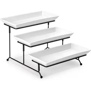 3 Tier Serving Trays for Party, Porcelain Serving Platters and Trays, 12 Inch Tiered Tray Stand, Fruit Tray, Trays for Serving , White Dessert Stand with Collapsible Sturdier Metal Rack