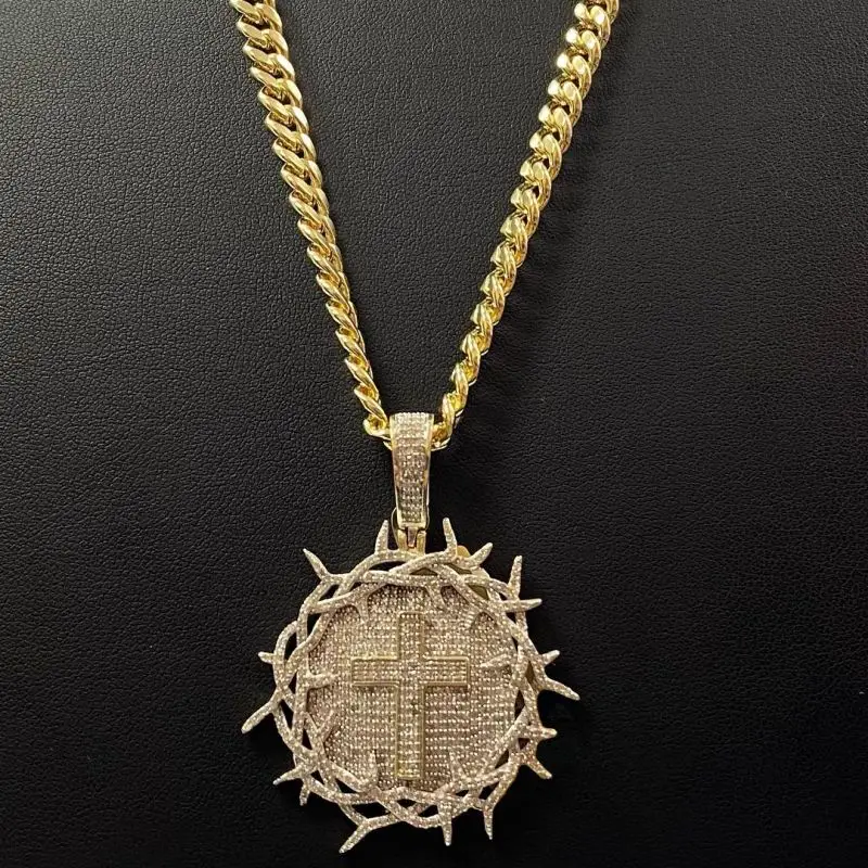 HELLOICE Iced Out Crown of Thorns with Cross Medallion Pendant Necklace Big Cross Full CZ Pendant with 5mm Cuban Chain Hiphop Jewelry for Women Men