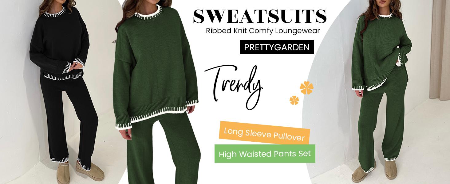 PrettyGarden Women's 2 Piece Knit Sweater Outfit Casual Long Sleeve Pullover Wide Leg Pants Tracksuit Loungewear Set