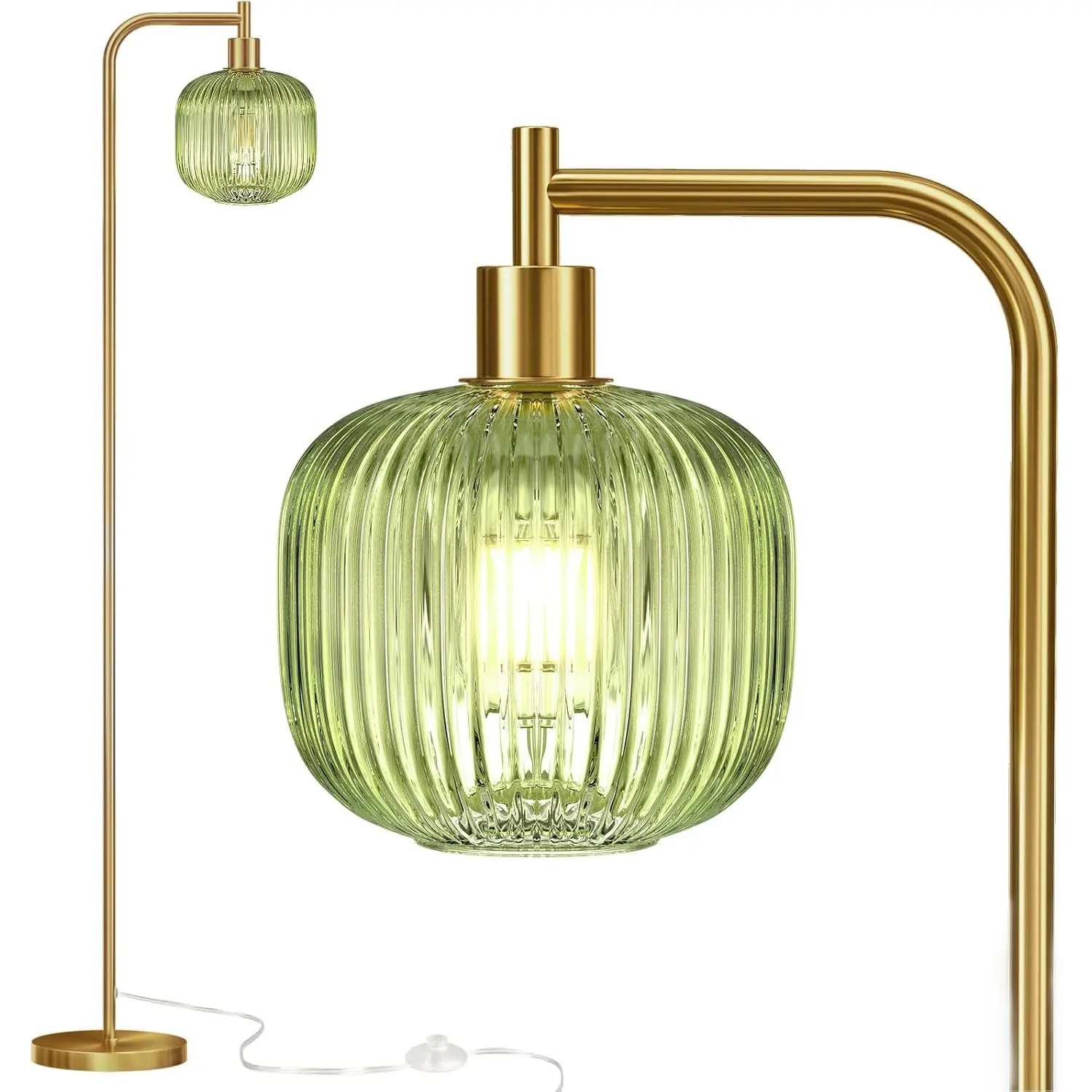 Green Ribbed Glass Shade Floor Lamp, Elegant Tall Standing Lamp with Metal Base & Ft Switch, Modern Nordic Style, Free LED Bulb for Living Room, Bedroom, Iron, Office, Energy Saving Device, Study