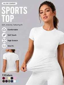 Women's Sports T Shirt, Athletic Workout Tees, Solid Color Crew Neck Short Sleeve High Stretch Soft Comfortable Slim Fit Athletic Top Gym Workout Breathable Moisture Wicking Quick Dry Yoga Top Outdoor Running Daily Casual Outerwear Versatile
