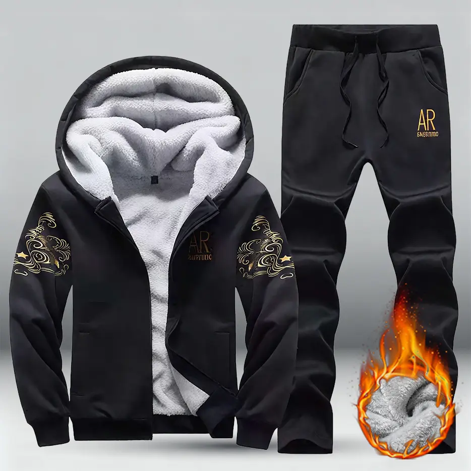 Men's 2-piece warm winter jacket and pants set, zip-up hooded jacket with matching snow pants, suitable for cold weather - fleece lining - outdoor use - fitness running - thick and warm - workwear - suitable for casual and  Clothes Menswear Long Sleeve