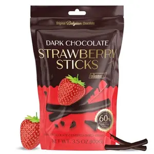 Belgian Chocolate Covered Fruit Sticks - Gourmet Covered Dried Fruit, 3.5 oz Resealable Pouch, Non-GMO, Perfect Treat for Chocolate Lovers (Dark Chocolate, Strawberry)