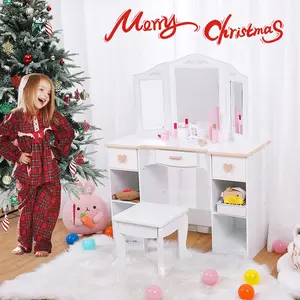 Girls' Vanity Table & Stool Set - White Kids Makeup Dressing Table with Mirror & Drawer - Wood Makeup Playset Toy for Ages 4-9