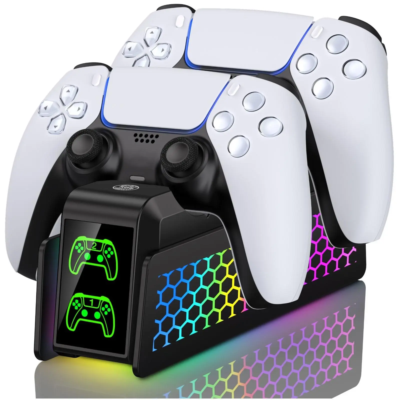 PS5 DualSense Controller Charging Station - 2H Fast Wireless Charger for PlayStation 5, Aesthetic Gaming Accessory with 2 Cable Types, Built-In Lights, 1-Touch Button, Memory Function, Port & Protection, Accessories