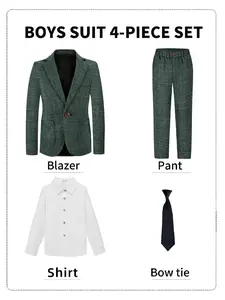 Boys' Plaid 4-Piece Formal Suit (Blazer + Trousers + Shirt + Tie) Single-Breasted Blazer Design, Ideal for Weddings, Hosting, Stage Performances & Flower Boy Events, Clothes Sets