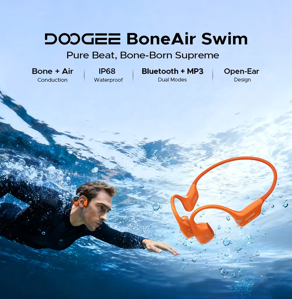 DOOGEE BoneAir Swim – IP68 bone and air conduction headphones, dual Bluetooth + MP3 mode, military-grade durability, multiple colors, 10-hour battery life; ideal for swimming, cycling, fitness, and underwater training.