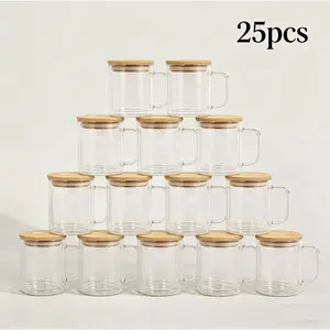 25-Pack 15-Ounce Pre-Punched Double-Walled Snowflake Glass Balls with Bamboo Lids & Straws USA Stock Heat-Transfer Cups with Handles and Stoppers