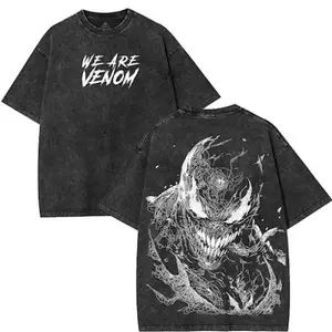 Dark Core Venom Symbiote Graphic T-Shirt, Soft Heavyweight Cotton Acid Snow Washed Tee, Retro Grunge Cyber Y2K Oversized Streetwear, Unique Dark Core Design Unisex Short Sleeve Top For Street Style Fans Daily Urban Casual Wear