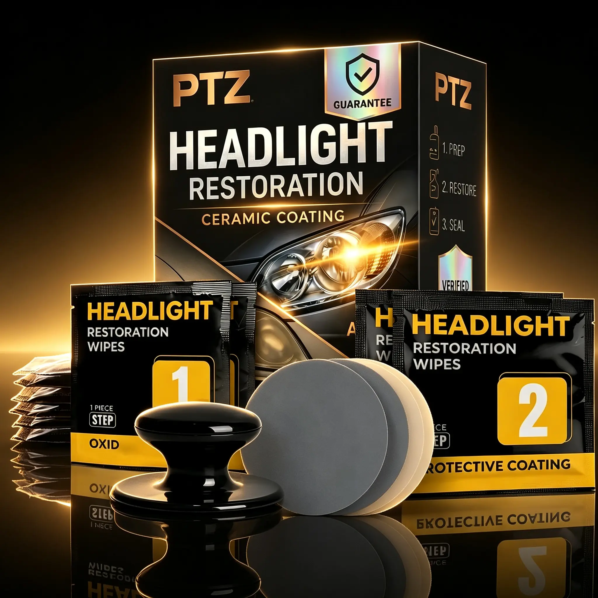 PTZ Simple Headlight Restoration Kit, Restores Cloudy Headlights to Like New, No Power Tools Needed, 8 Wipe Kit