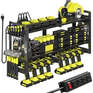 Large Tool Organizer Wall with Charging Station, 3-Tier Duty Tool Rack with 8 Holders and 6FT Strip, Workshop.Black