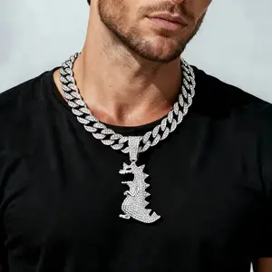 Dinosaur Pendant Cuban Link Chain Necklace, CZ Diamond Hip Hop Jewelry for Men,