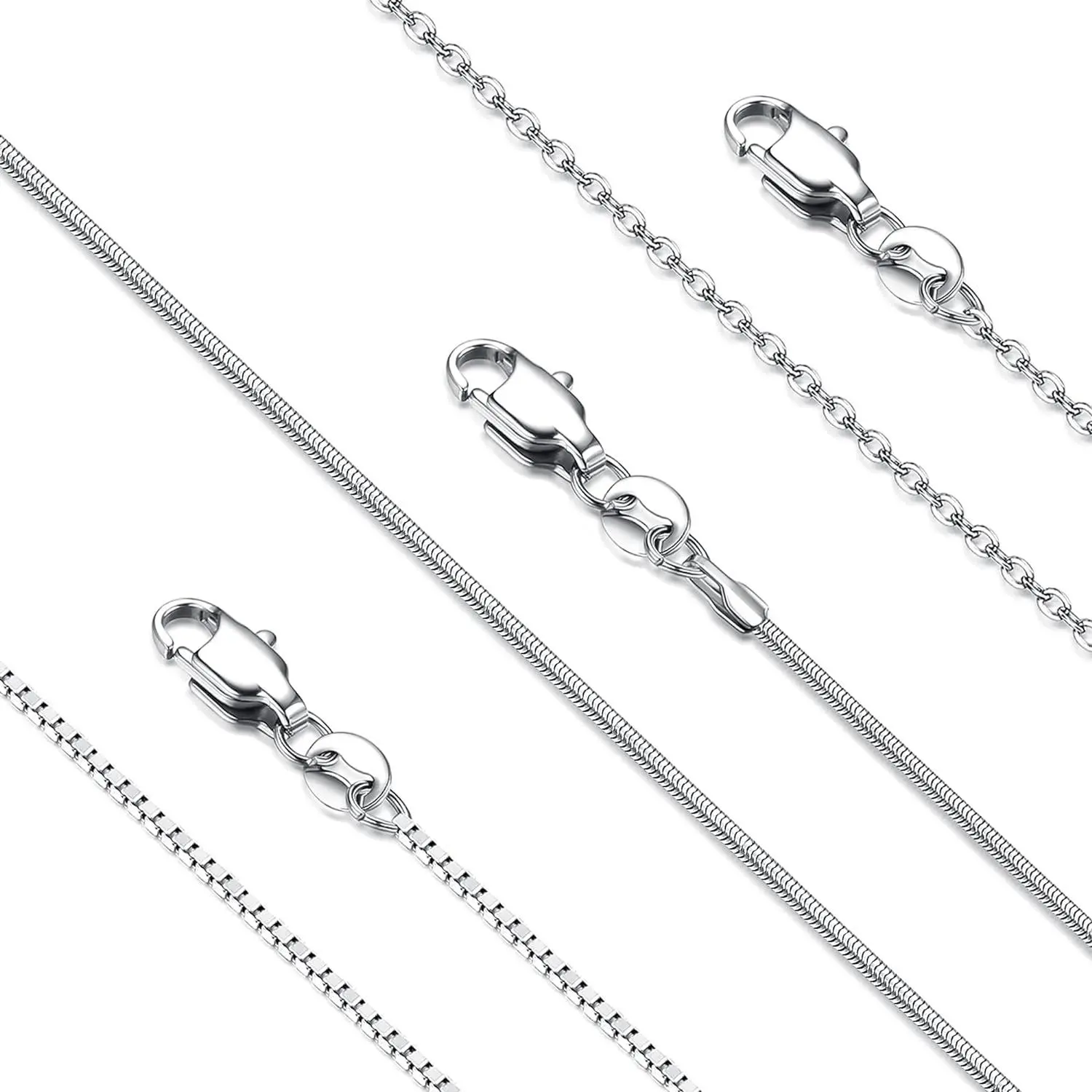 FLORIDECO Unisex 3-Piece Minimalist Chain Necklaces Set - 1mm-1.2mm Snake, Box, Cable Styles, 16-30in Thin Sturdy Pieces with Long Lobster Clasp, Silver Tone Fashionable Jewelry Accessories, Trendy Jewellery Accessories