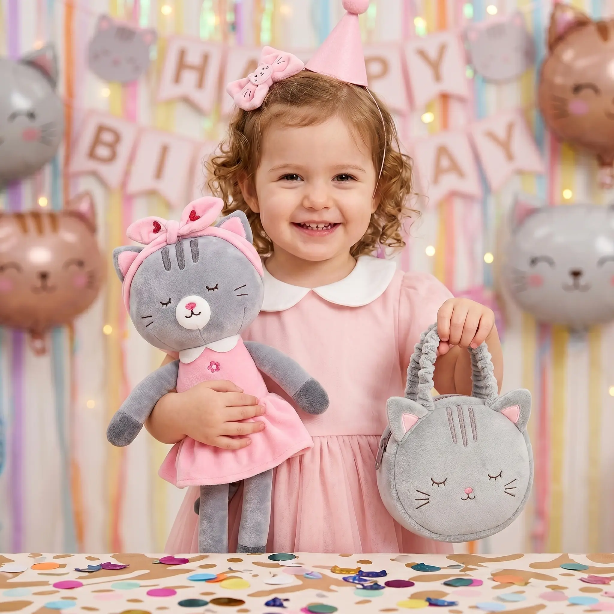 2pcs Cute Kitty Stuffed Toy & Handbag Set - Ultra-Soft Huggable Cuddly Stuffed Animal, 0-6 Yrs Girls’ 2nd Birthday Gift, Meow Theme Party Favor, Baby Shower Idea, Infant Companion, Aesthetic Room Decor