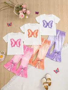 Girls' Butterfly Print Set, Casual Short Sleeve Top & Flared Pants, Spring Summer Wear, Colors