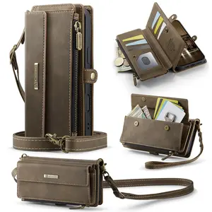 Multifunctional Leather Phone Case with Long Strap & Short Hand Strap, Multi Card Slot Zipper Bag Wallet Pocket, Magnetic Suction Shoulder Bag for iPhone