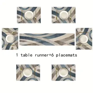 7pcs,Bohemian Abstract Stripe Tablecloth Set, Vintage Table Runner and Placemats, Elegant Dining Decor for Parties, Christmas, Birthdays, Weddings
