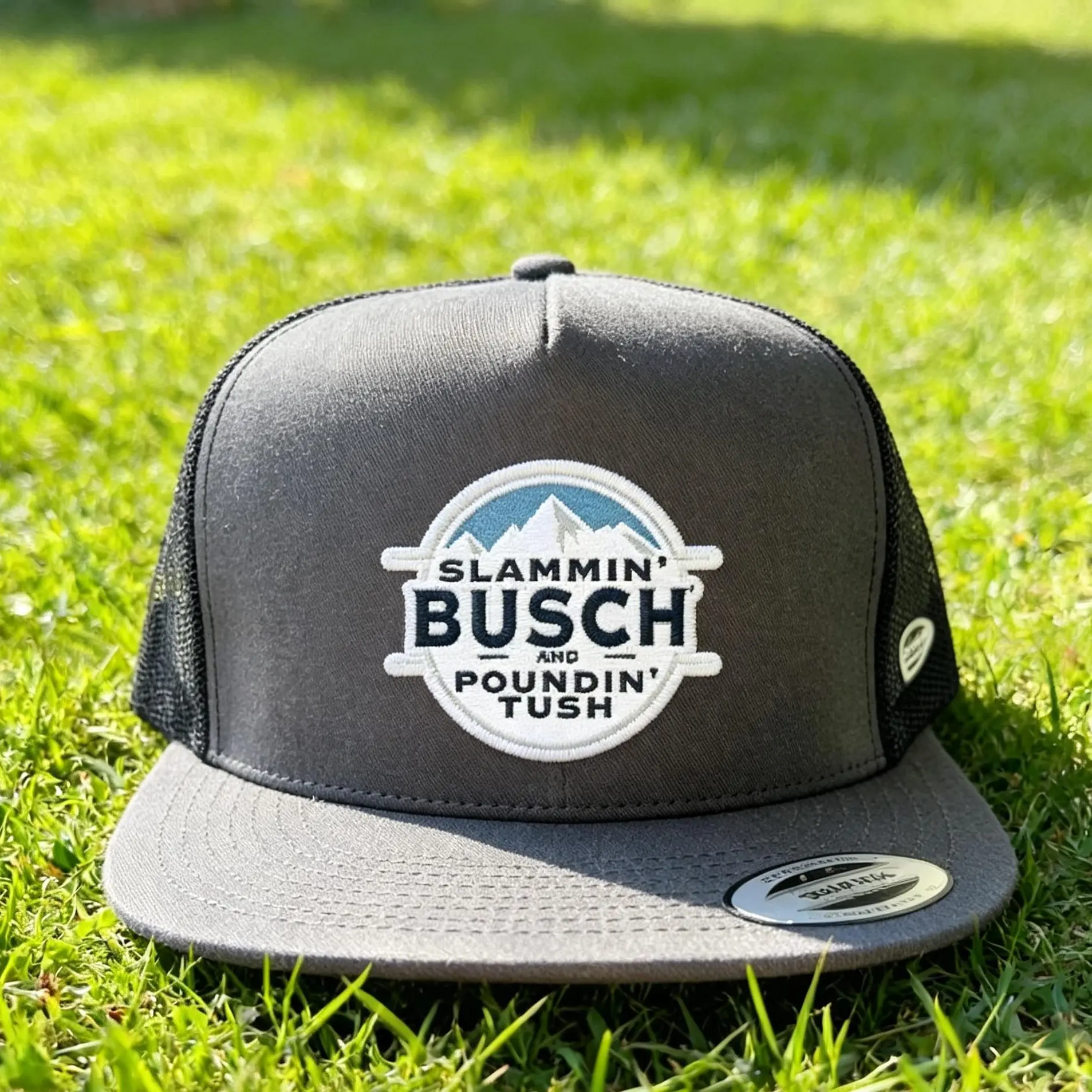 "Embroidered 'Slammin' Busch and Poundin' Tush' Trucker Hat - Vintage Mesh Back Adjustable Snapback Cap, Unisex Western Country Ventilation Hat for Camping, Casual Wear (Party Gift)"