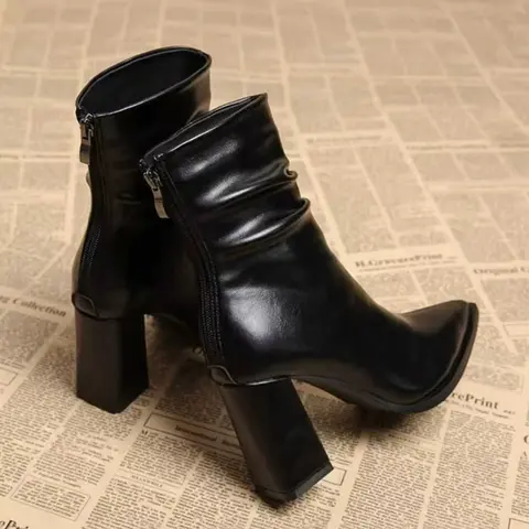 New Autumn Winter Pointed Toe Thick Heel Short Boots for Women, Retro High Heeled Boots, Fashion Side Zipper Slimming Shoes, Block Heel Boot