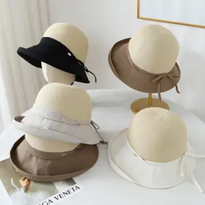 Single piece simple bucket hat, new women's summer straw woven splicing sun hat, sun protection and breathable basin hat, stylish and elegant outdoor accessory.