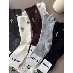 Cross Bunching Socks Autumn and Winter Metal Ornament Socks Light Luxury Hand Sewing Metal Ornament Ripped New Women's Socks