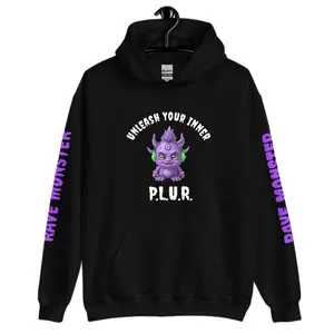 RAVE MONSTER Unisex Hoodie with Purple Monster Design and P L U R Text on Sleeves