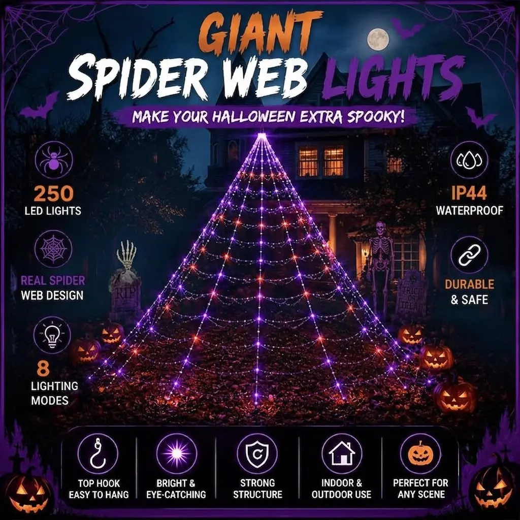 16ft Giant Hangable Spider Web LED Festival Lighting, 250 Purple Bulbs, 8 Light Modes, No Power Needed, Easy-to-Hang Outdoor Halloween Decoration