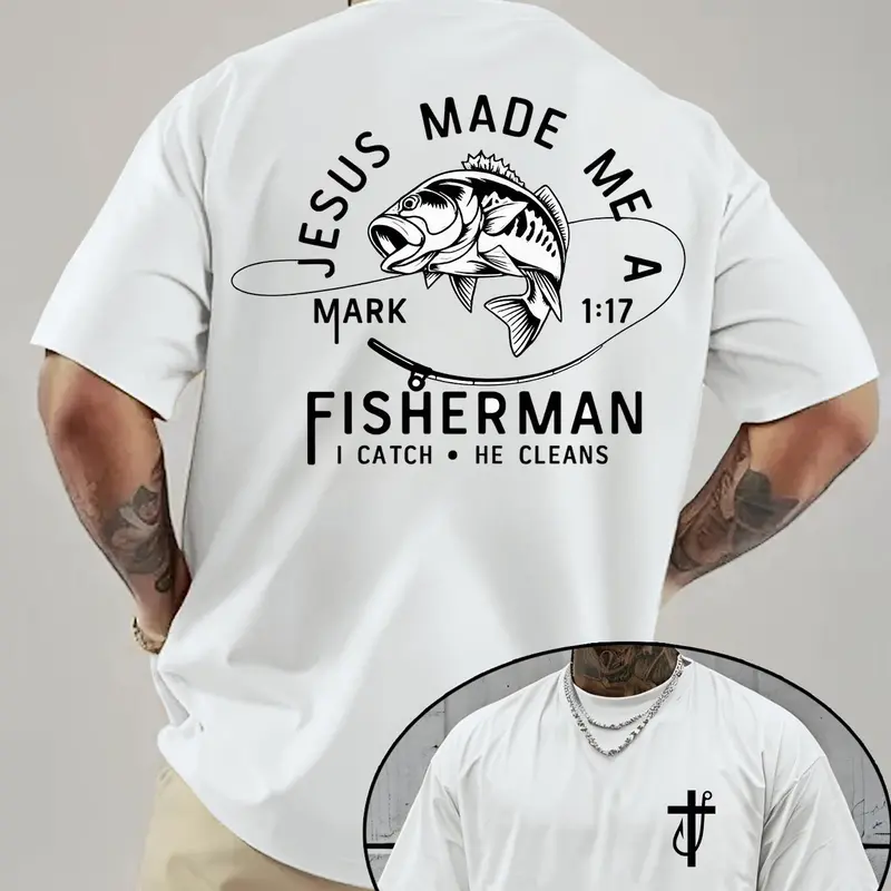 Men's Jesus Made Me A Fisherman, Letter Print Short Sleeve Graphic Tee, Casual Graphic Design, Regular Fit Casual Street Round Neck T-shirt for Summer, Men's Top for Daily Wear, Casual T Shirts