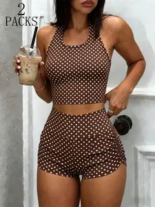 2 Pack Women's Polka Dot Halter Top Workout, 4-Way Stretch Slim Fit Activewear, Summer Casual Streetwear, Gym Yoga Loungewear