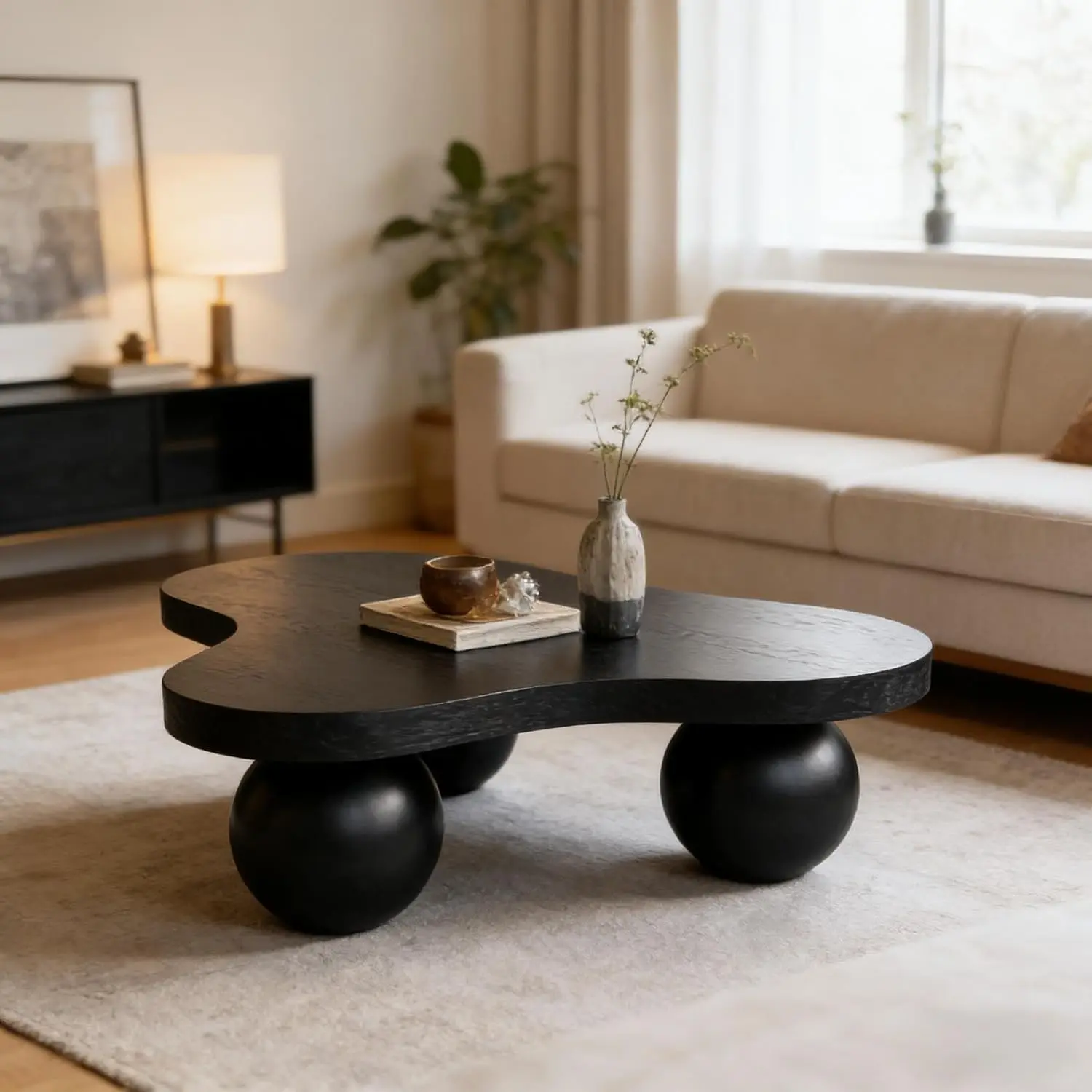 46" Cloud Shaped Coffee Table with 3 Ball Legs, Modern Irregular Center Table with Water Ripple Ash Veneer Top, Artistic Wood Coffee Table for Living Room Apartment, Black
