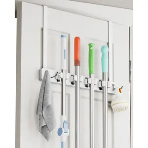 Over the Door Broom Holder, Mop and Broom Holder Door Mount, Hanging Organizer with 4 Racks & 2 Hooks, Wooden Hanger Storage Decor, Laundry Tool Organizer for Closet Garage, No Drills