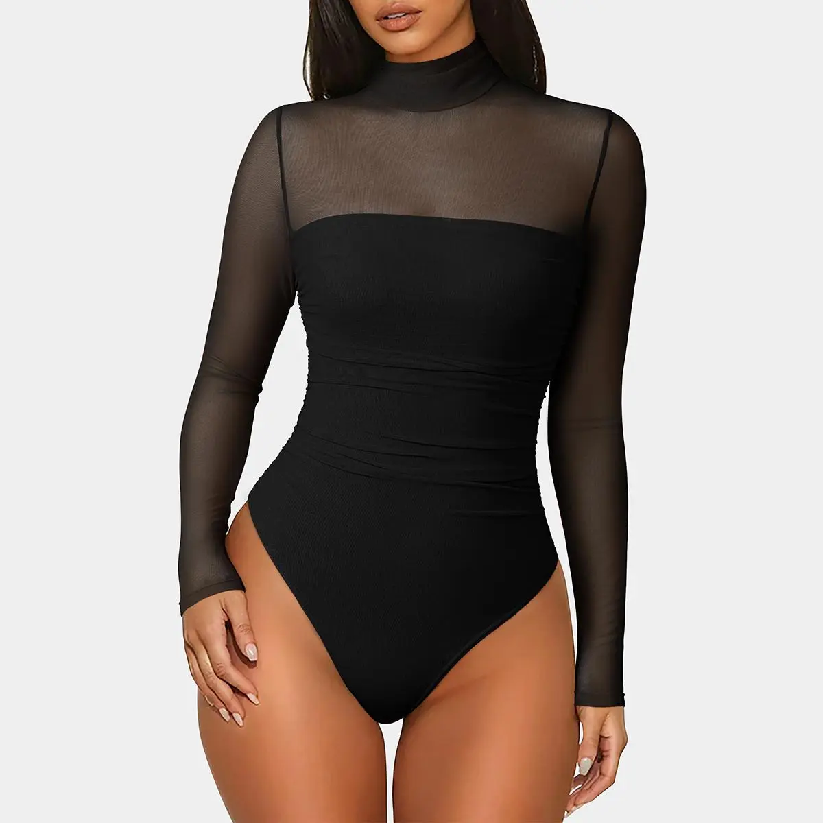 OYV Women’s Trendy Sexy Mock Turtle Neck Long Sleeve Sheer Mesh Ruched Going Out Bodysuits Tops
