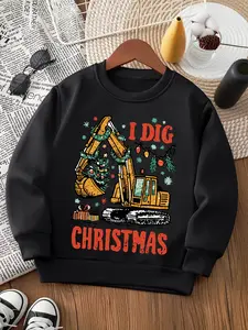 Boys Christmas Bulldozer Print Long Sleeve Sweatshirt, Graphic Print Sweater, Fitted Casual Round Neck Pullover, Thickened Winter Clothing for Kids