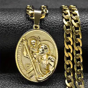 St. Christopher Protection Medal - Stainless Steel Gold-Plated Pendant Men's Necklace