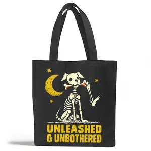 Unleashed & Unbothered Funny Skeleton Dog Tote Bag, Dog Lover Halloween Gifts, Designed and Printed in the USA by Loftipop
