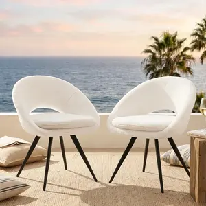 Modern Vanity Chair Set of 2 with Curved Back, Armless Office Desk Chair No Wheels, Comfy Accent Chair Makeup Chair with Black Legs for Bedroom,Living Room,Small Space (White)