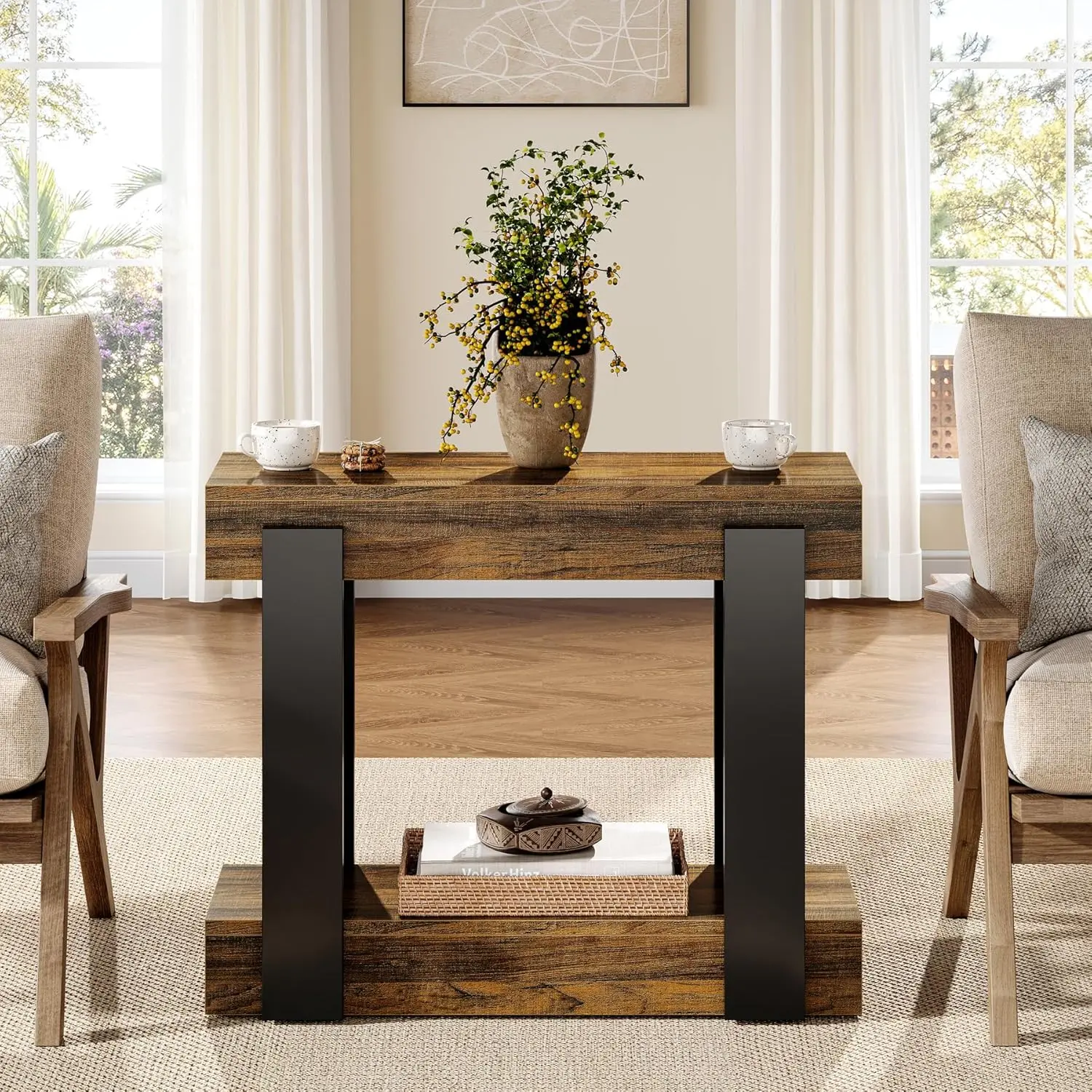 LITTLE TREE  Narrow End Table, 2-Tier Farmhouse Modern Side Table with Storage Shelves for Living Room, Small Space, Night Stand for Bedroom, Accent Furniture
